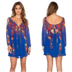 FREE PEOPLE Penny Lover Blue Floral Babydoll Semisheer Mini Dress Size XS